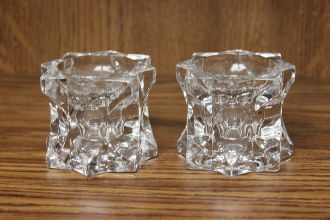 Pair of Glass Candle Holders - Unusual Cut Design: 2 1/4 inches tall