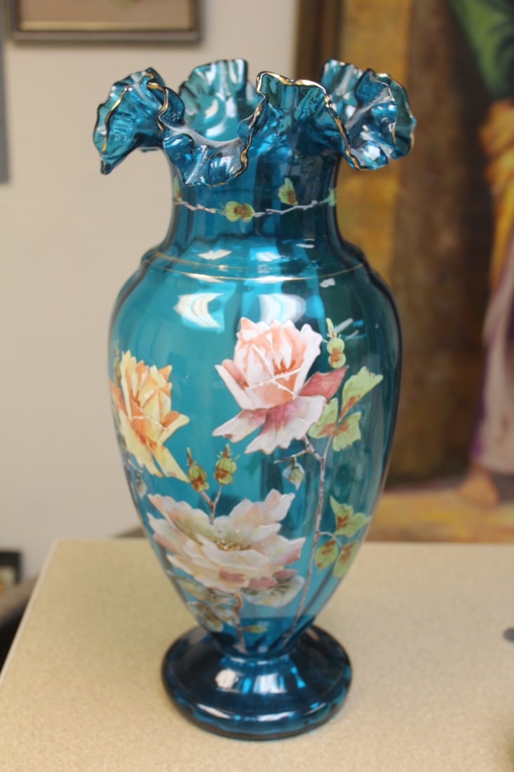 Hand Blown Blue Vase: hand painted - hand blown - foliated rim - 15" tall