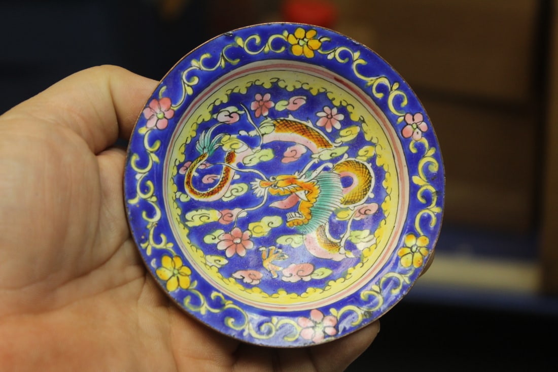 Rare Antique Chinese Plate: enamel small plate - dragon mitoef - marked "China" - 3 7/8" in diameter