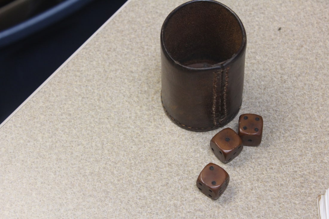 Vintage Leather Dice Holder: with 3 dices - holder= 3 1/8" tall