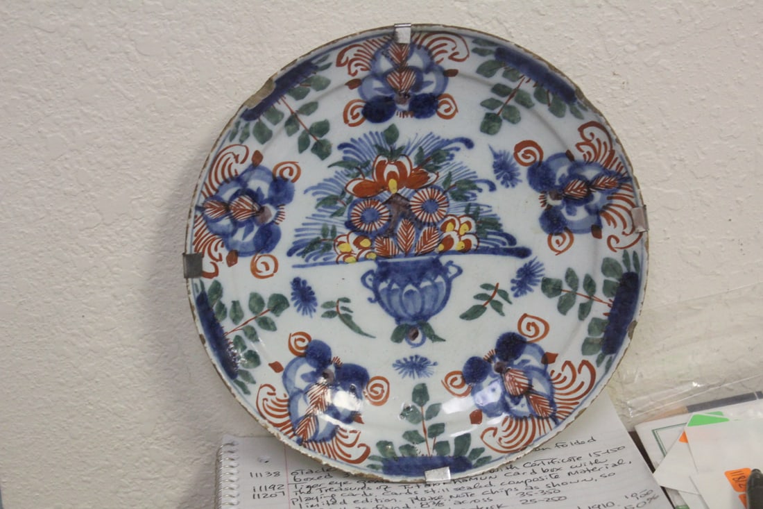 Very Rare Polychrome Delft Shallow Bowl: or plate - 18th century - with previous collector's label paste on the back - please note: roughness throughout the edge - 8 5/8" in diameter