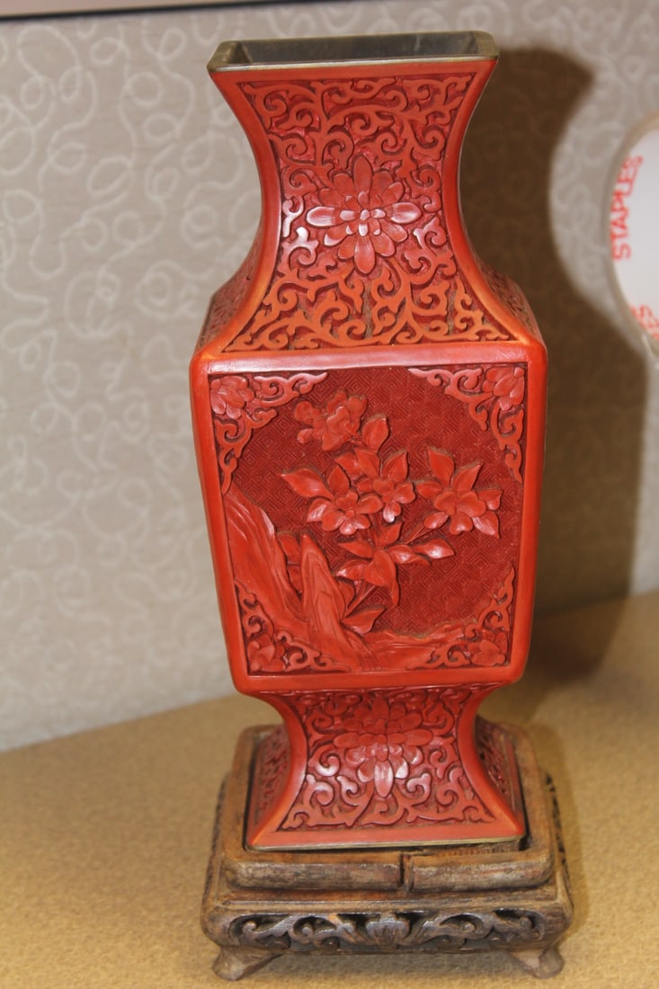Vintage Chinese Cinnabar Vase: or cinnabar style - with stand - Gu shape - vase only=9" tall