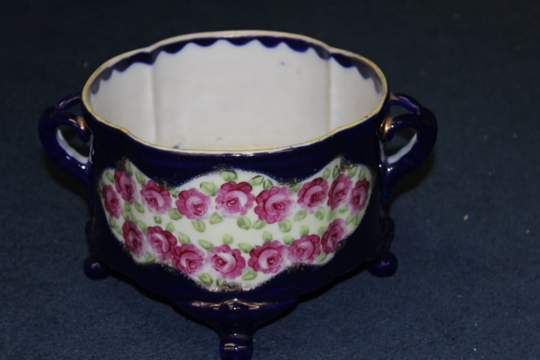 An Antique Cobalt Blue Porcelain Planter: 19th/20th Century, Possibly Austria, With Legs. Unsigned. Measures at 10 Inches In Diameter From Handle To Handle and 5 3/4" Tall