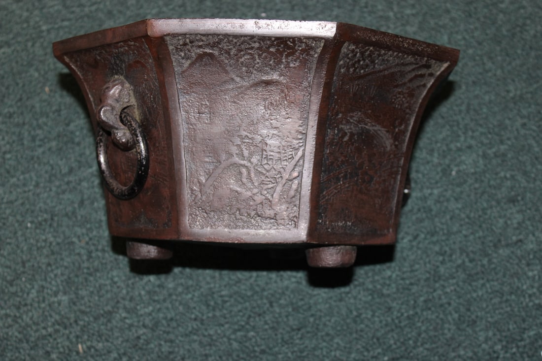 A Chinese Bronze or Cast Iron Plant Pot: 13" in diameter