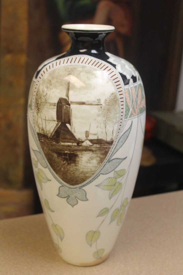 Antique Holland Vase: 19th century - Holland Societe Ceramique - possibly associated with Delft - 14" tall - please note: rim chip