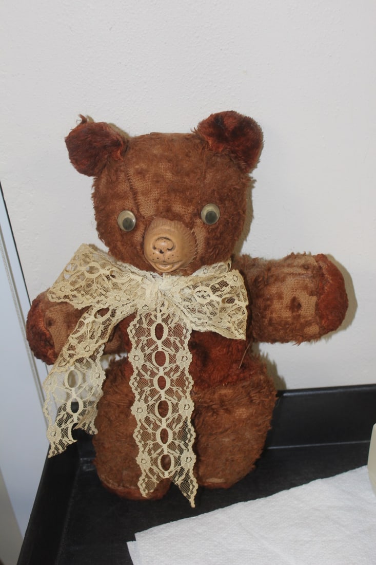 Antique Teddy Bear: most likely mohair - early 1900's - please note: worn - 13 1/2" tall
