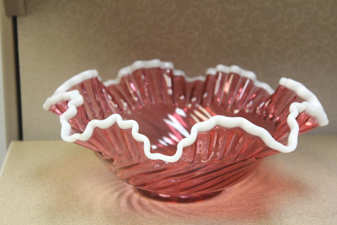 Cranberry Bowl: possibly Fenton? - foliated white rim - 10 3/4" in diameter