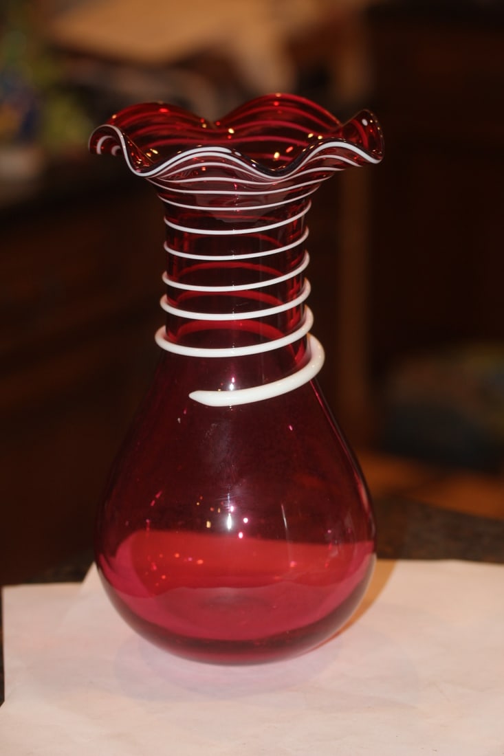 Cranberry Art Glass Vase: possibly Fenton - 9" tall
