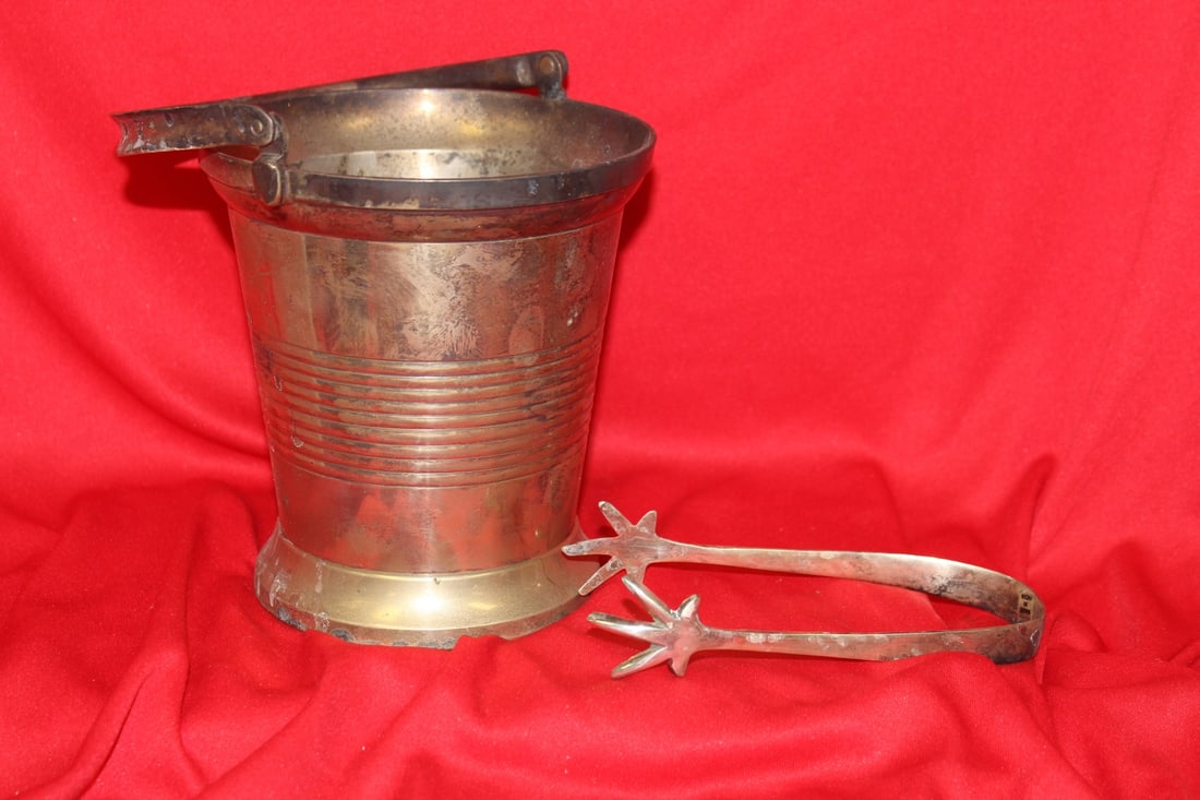 A Silverplated Ice Bucket and Tounge: bucket= 5 3/4" tall without the handle