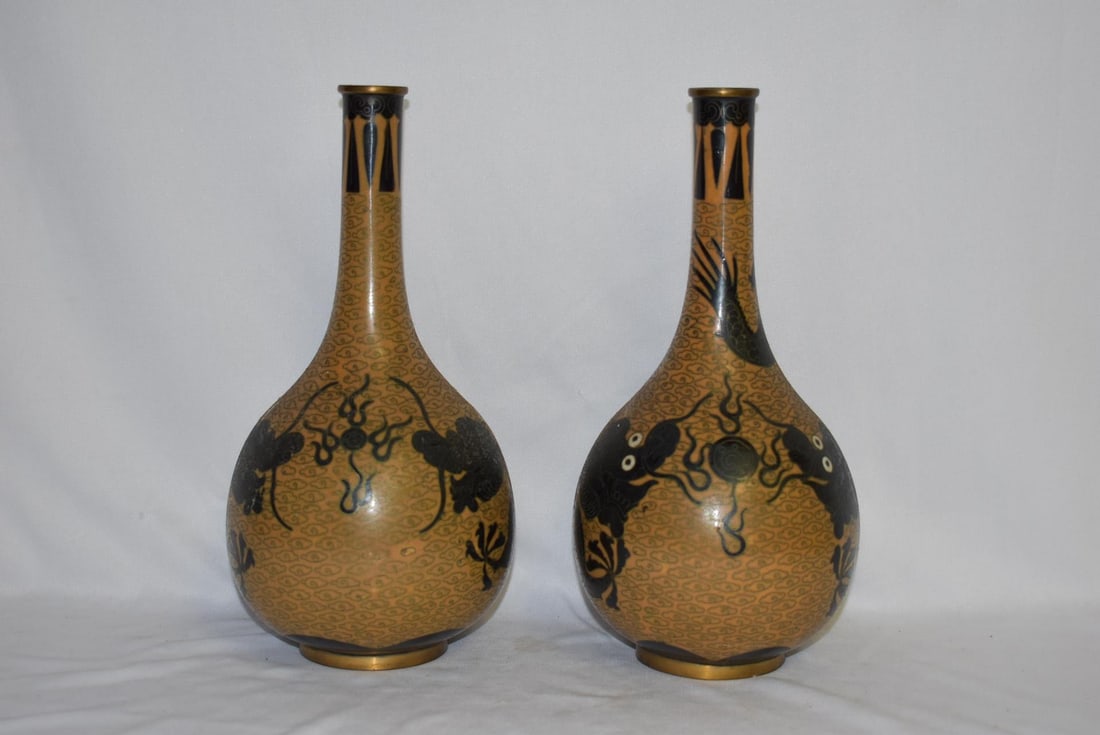 A Pair of Chinese Vintage Cloisonne Vases: dragon motif - marked "China" - most likely 1920's - 1930's - 9 1/4" tall