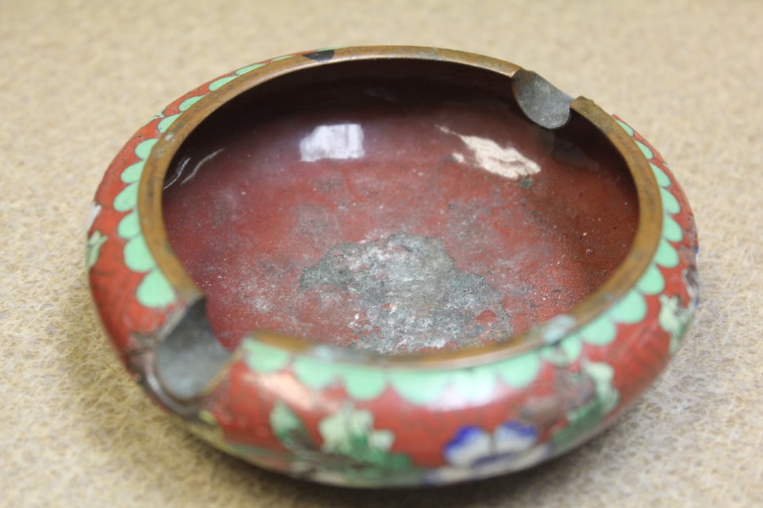 Antique Chinese Cloisonne Ashtray: please note: dents and losses - as found - 4" in diameter