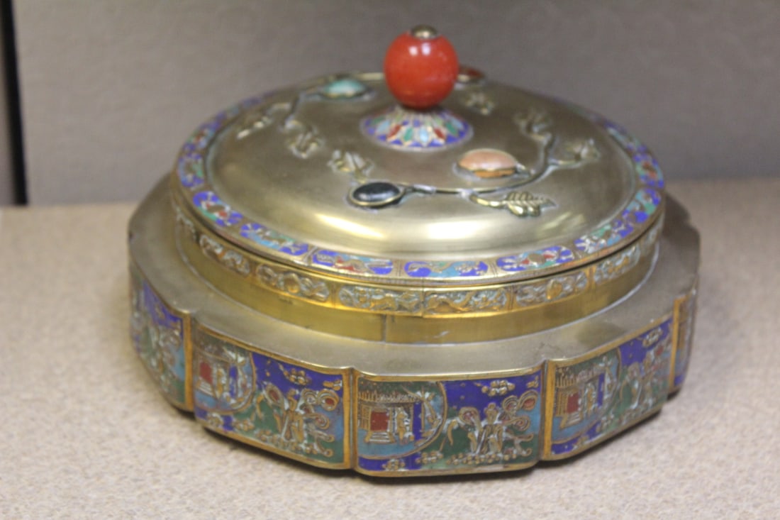 Vintage Chinese Round Box: cloisonne/enamel on copper - with stone/glass - marked China - 6 7/8" in diameter