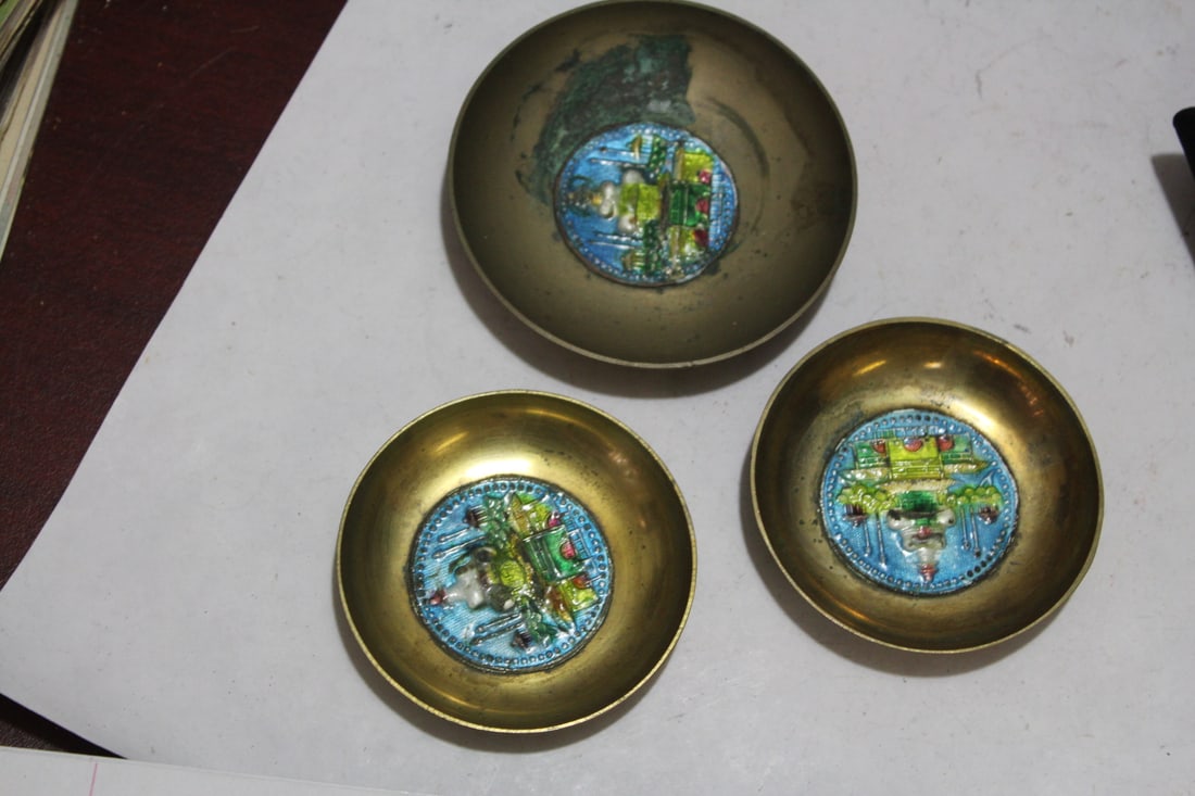 Lot of 3 Vintage Chinese Small Enamel Trays: marked China - 2 7/8" in diameter