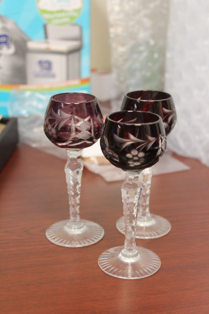 Lot of 3 Rbuy/Amethyst Cut Glass Goblets: tallest= 5 1/4"