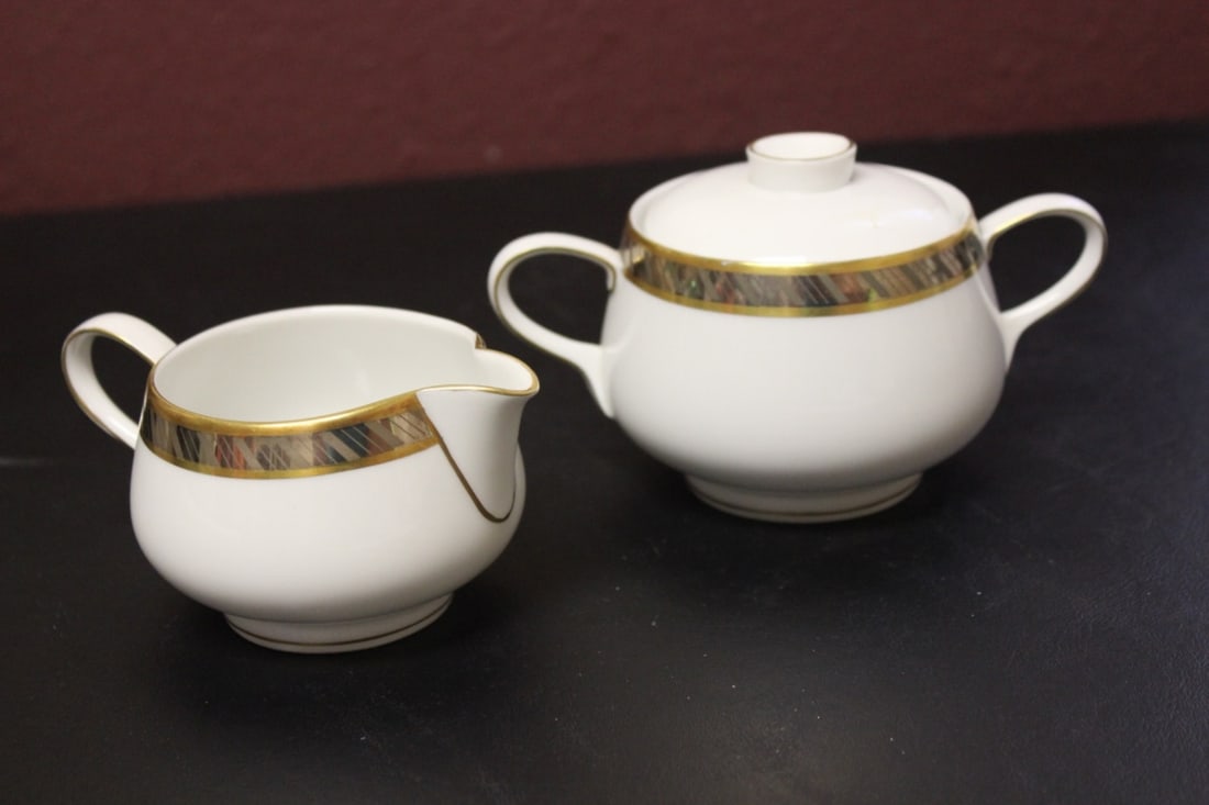 A Rosenthal Porcelain Creamer and Sugar: Vintage/Antique - The sugar measures 6 inches long from handle to handle