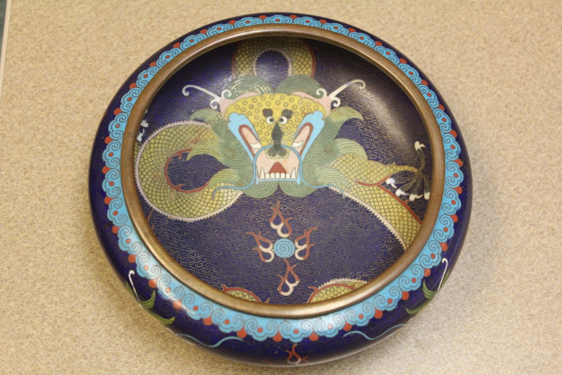 Chinese Dragon Cloisonne Bowl: signed - 7 5/8" in diameter