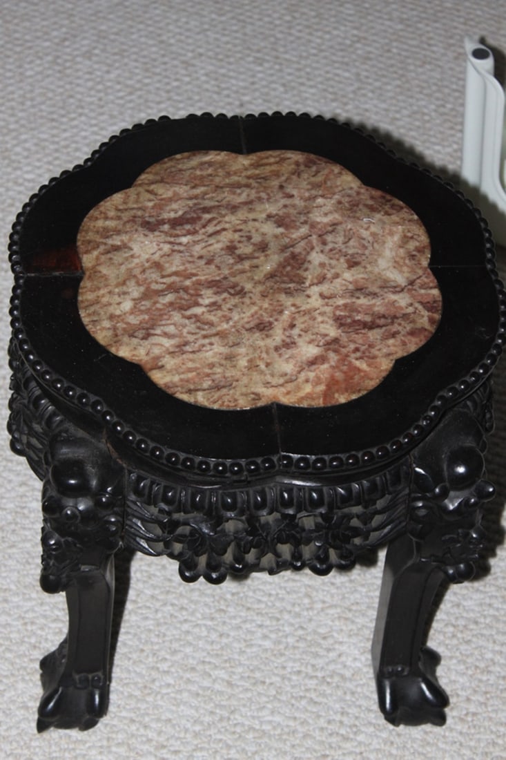 Antique Chinese Carved Wood Stand/Stool: 19th Century - Rosewood - 15" diameter and 15 1/2" tall.