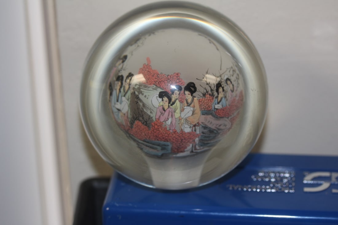 Chinese Crystal Ball Paperweight: 4" in diameter - reverse painting on glass/crystal
