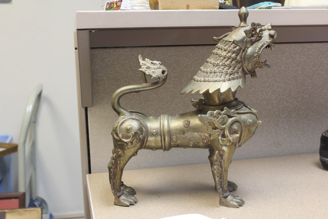 Antique/Vintage Chinese Kylin: possibly another Asian country - with seal of approval - overall approximately 13 inches long