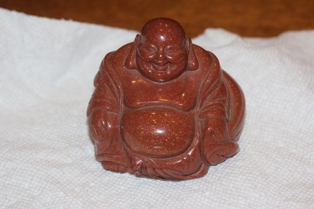 Chinese Goldstone Gemstone Laughing Buddha: 3 1/4" wide