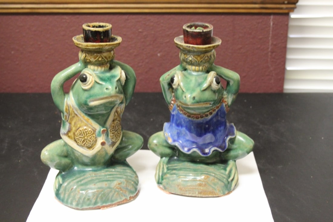 Lot of 2 His and Hers Frog Candle Sticks: Pottery construction - Chinese - Signed - 8 1/2" tall - looks to be vintage