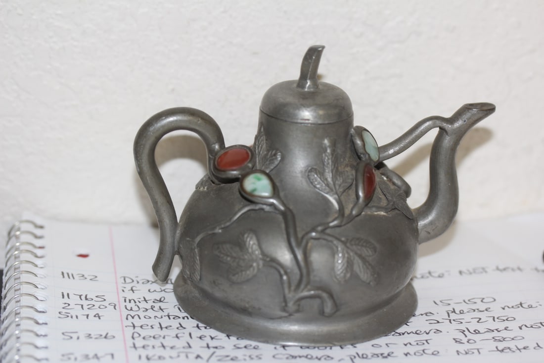 Antique Chinese Jade Insert Teapot: Chinese paktong or pewter - jade insert - small teapot - early 20th century - 4 1/2"wide