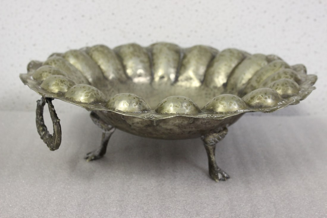 A Hand Hammered 3 Legged Bowl: with handle - 13 1/2" in diameter