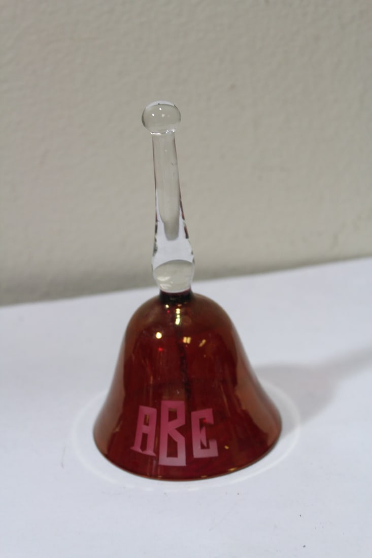 An Etched Ruby Red Glass Bell: with clasp - 5 1/2" tall