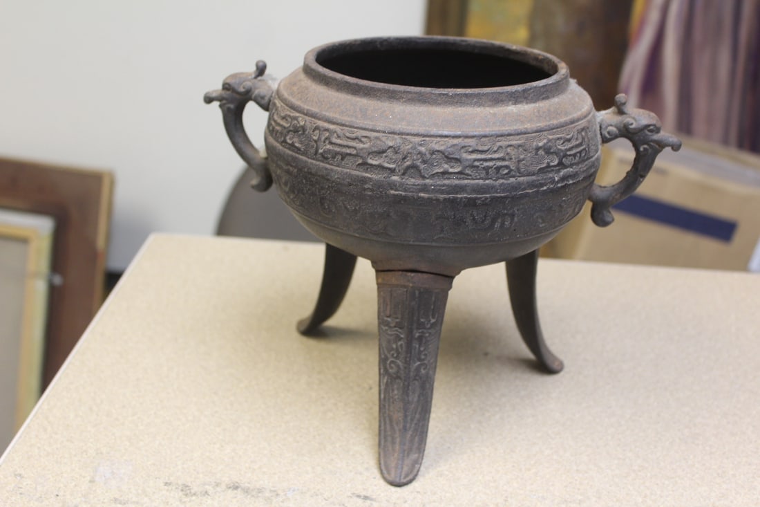 Antique Chinese Cast Iron Incense Burner: with dragon handle - 8 inches tall