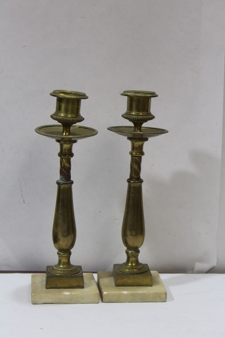 A Pair of Vintage Marble Base Candlesticks: please note: roughness on the marble as shown - 8 3/4" tall