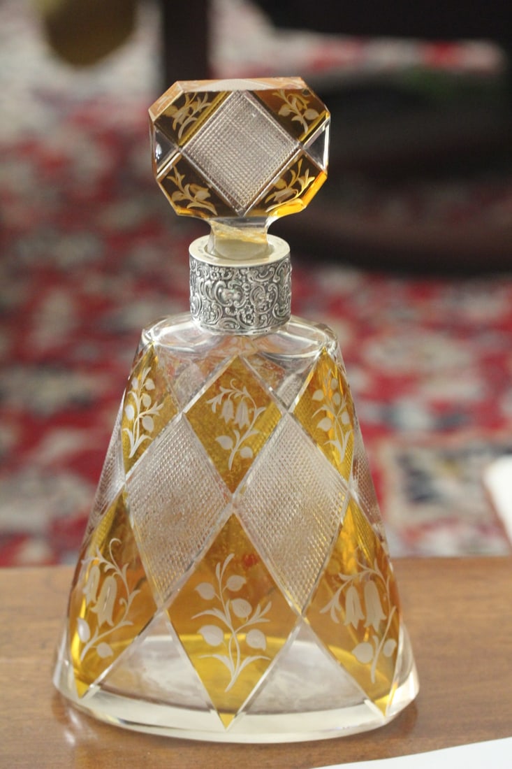 Sterling and Acid Cut Amber Colour Decanter: beautiful - two toned - please note: chip on the stopper as shown - 10 1/2" tall