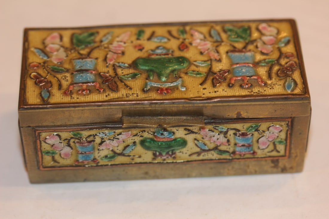 Enamel on Copper Trinket Box: marked "China" - 3 1/4" across