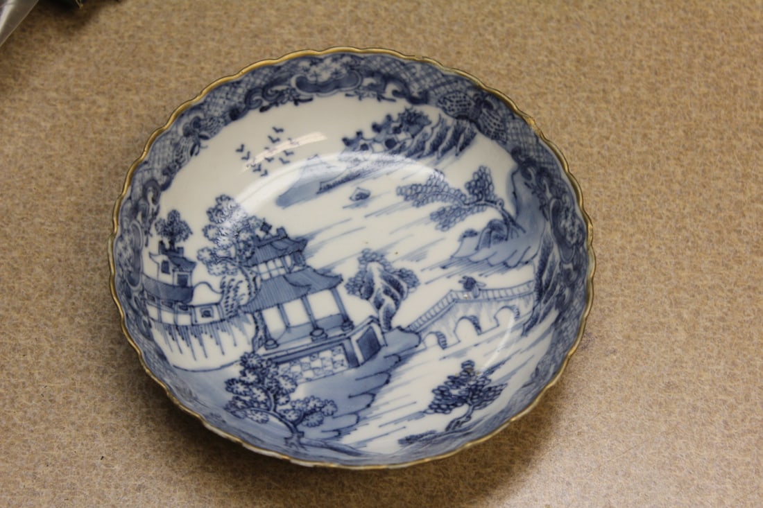 Chinese Blue and White Bowl: 19th century - foliated gold gilted rim - 5 1/2" in diameter
