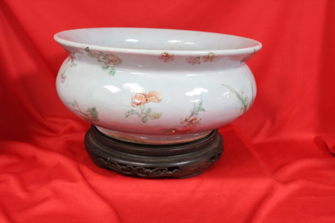 Antique Chinese Bowl on Swevel Stand: 19th century - 10 1/4" in diameter - some manufacturer firing faults