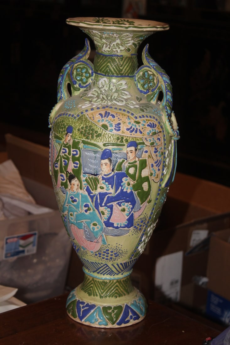 Antique Japanese Moriage Two Handle Vase: large: 18 1/2" tall x 8" wide