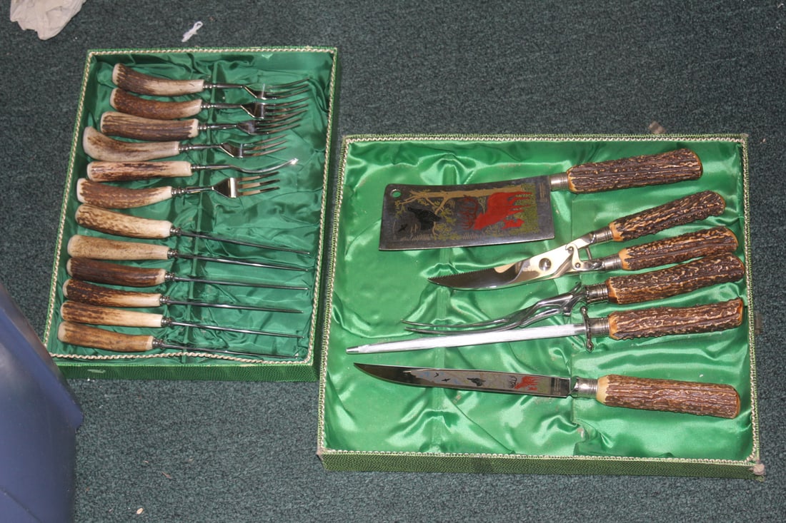 German Solinger Carving Set: and forks and knives set - slag handle - Anton Winger - Rostfrei design - boxed - largest box= 14 1/2" x 12 1/8"