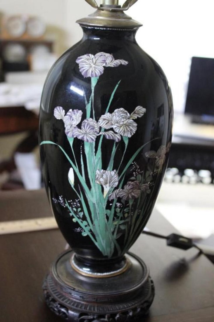 Japanese Cloisonne Vase Lamp: Vase is approximately 10" tall. Meiji period with Jade finial.