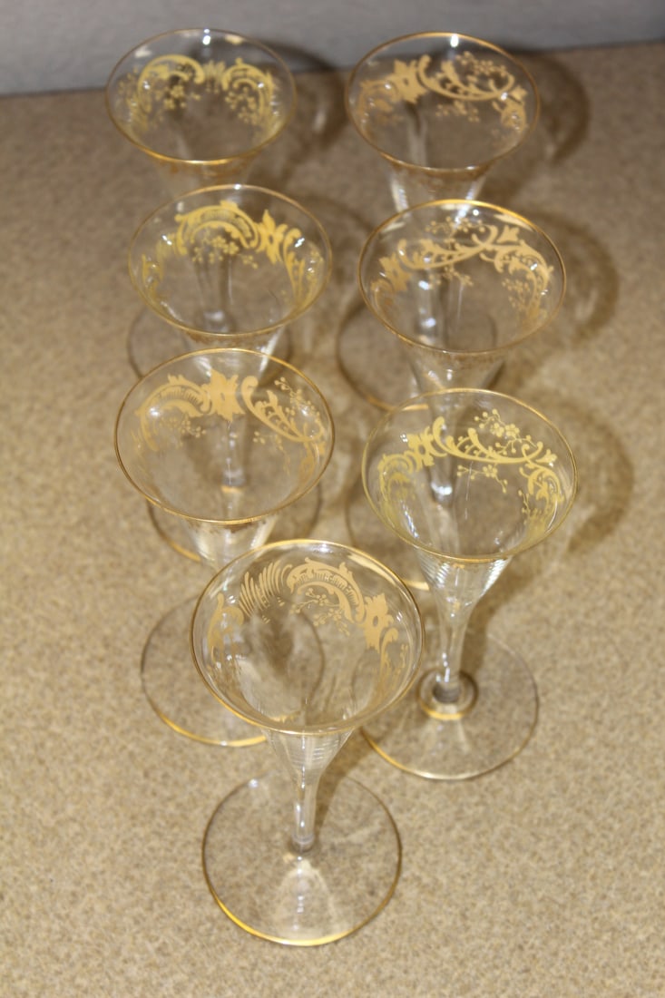 Lot of 7 Small Liquer Glasses: beautiful - 4 1/2" tall each
