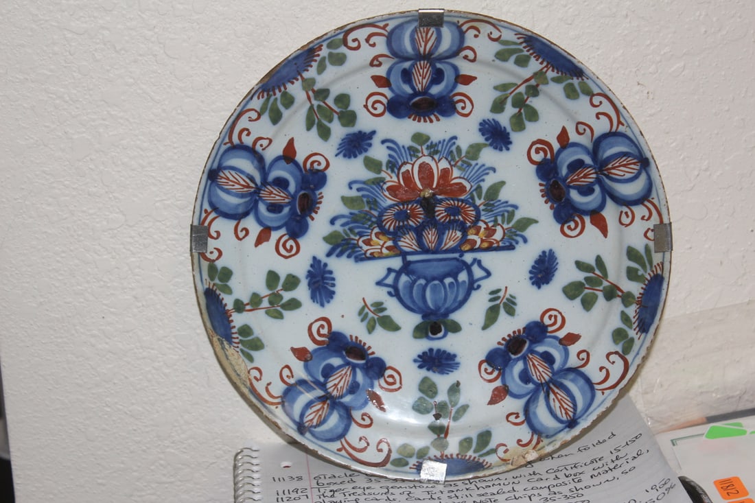 Antique Polychrome Delft Plate: 18th century - very rare - please note: roughness on the edges throughout as shown - 9 inches in diameter