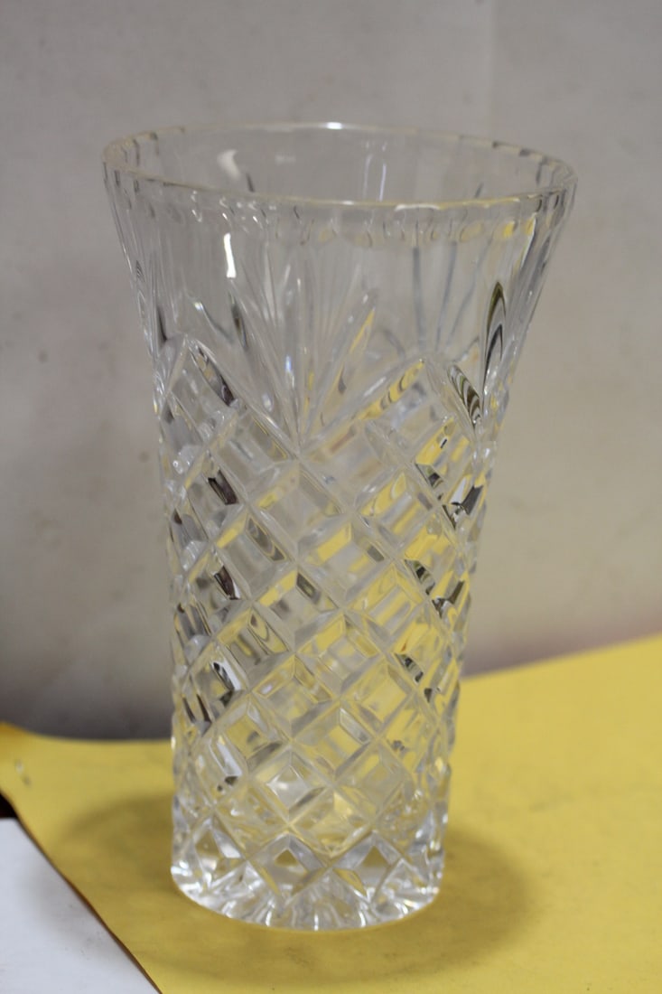 A Cut Glass Vase: signed, but cannot decipher the artist - 7 inches tall