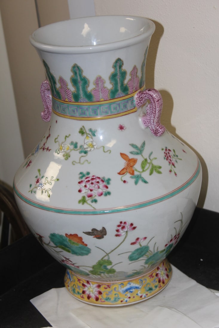 Signed Chinese Famille Rose Vase: nice form - 14" tall by 9" wide