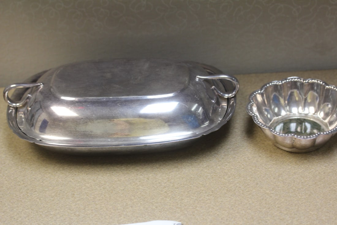 Lot of Silverplated Items: please note: stain glass on the bottom of bowl crack - longest= 10 3/4"