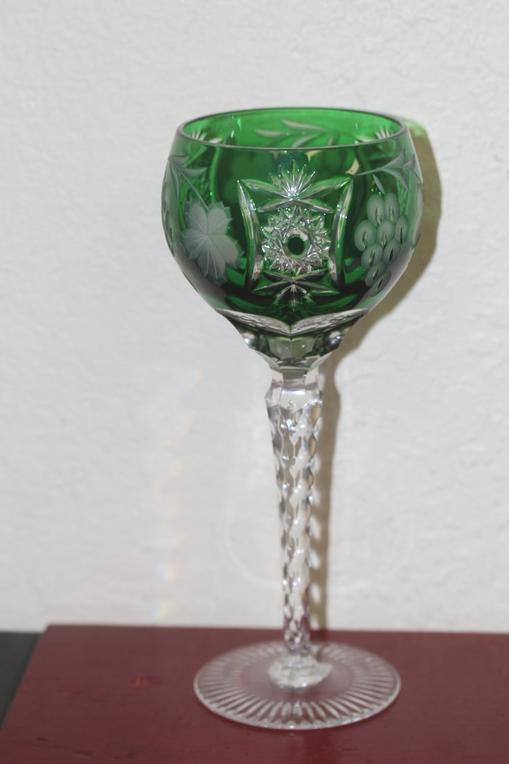 Green Color Cut Glass Goblet: 8 1/2" tall