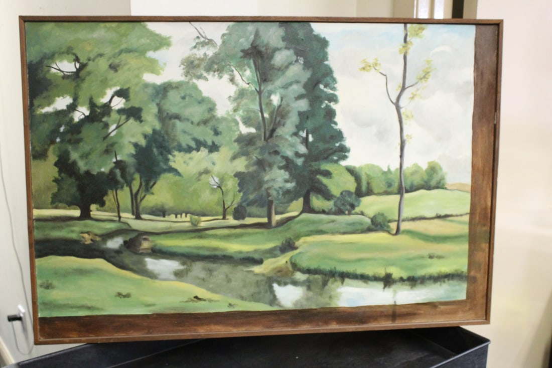 A Midcentury Oil on Canvas: posibly mid century modern art - framed - overall= 26 3/4" x 24 3/4" - unsigned