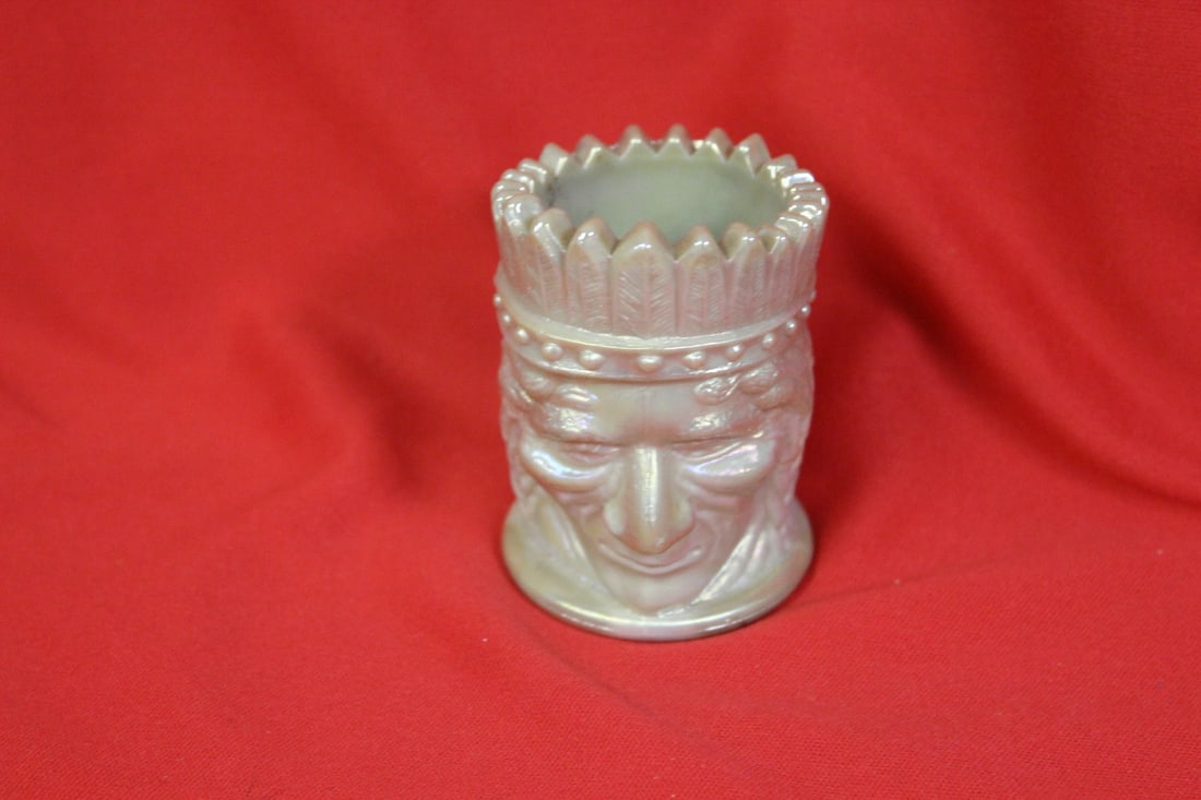 Marked Joe St.Claire Indian chief Toothpick Holder: Iridesent glass - 3 inches tall
