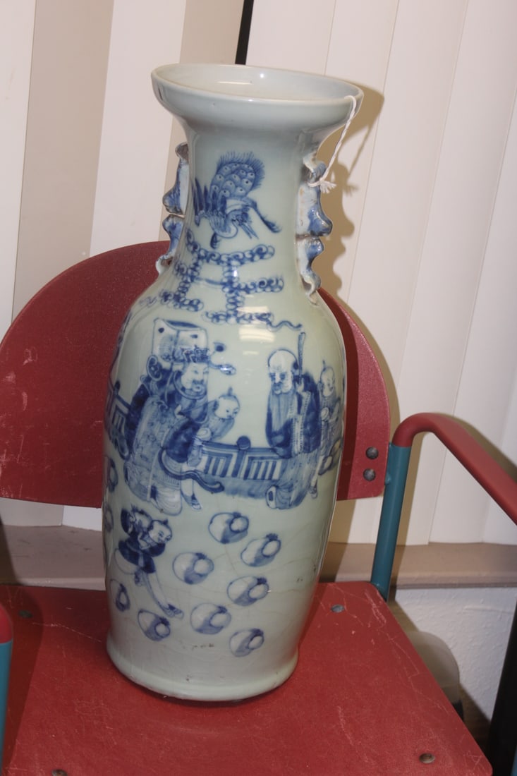 Antique Chinese Celadon Blue Floor Vase: 19th century - please note: crackle glazed due to age - 22 1/2" tall