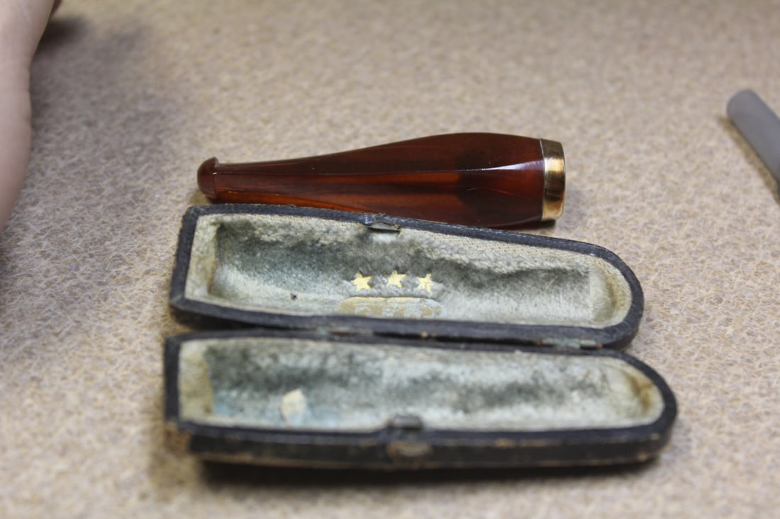 Gold Filled Bakelite Pipe Attachment: inside a case - attachment= 3 1/8" long - rare