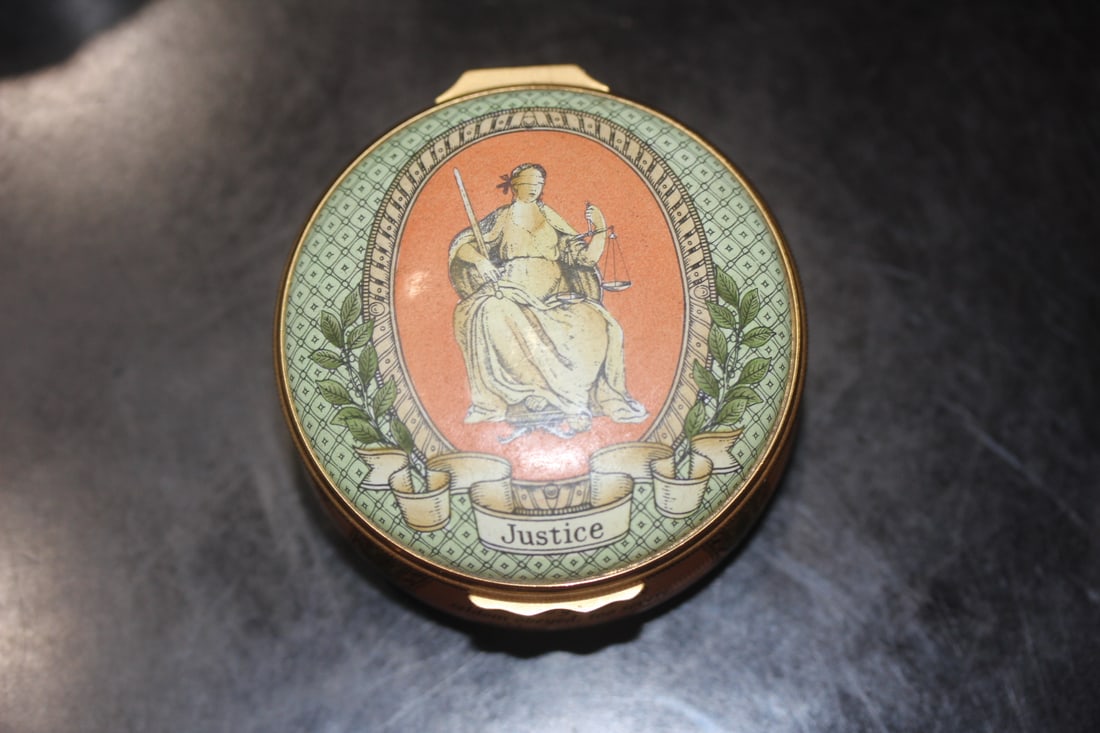 Halycon Days Enamel Trinket Box: "Justice" - 2 3/8" in diameter