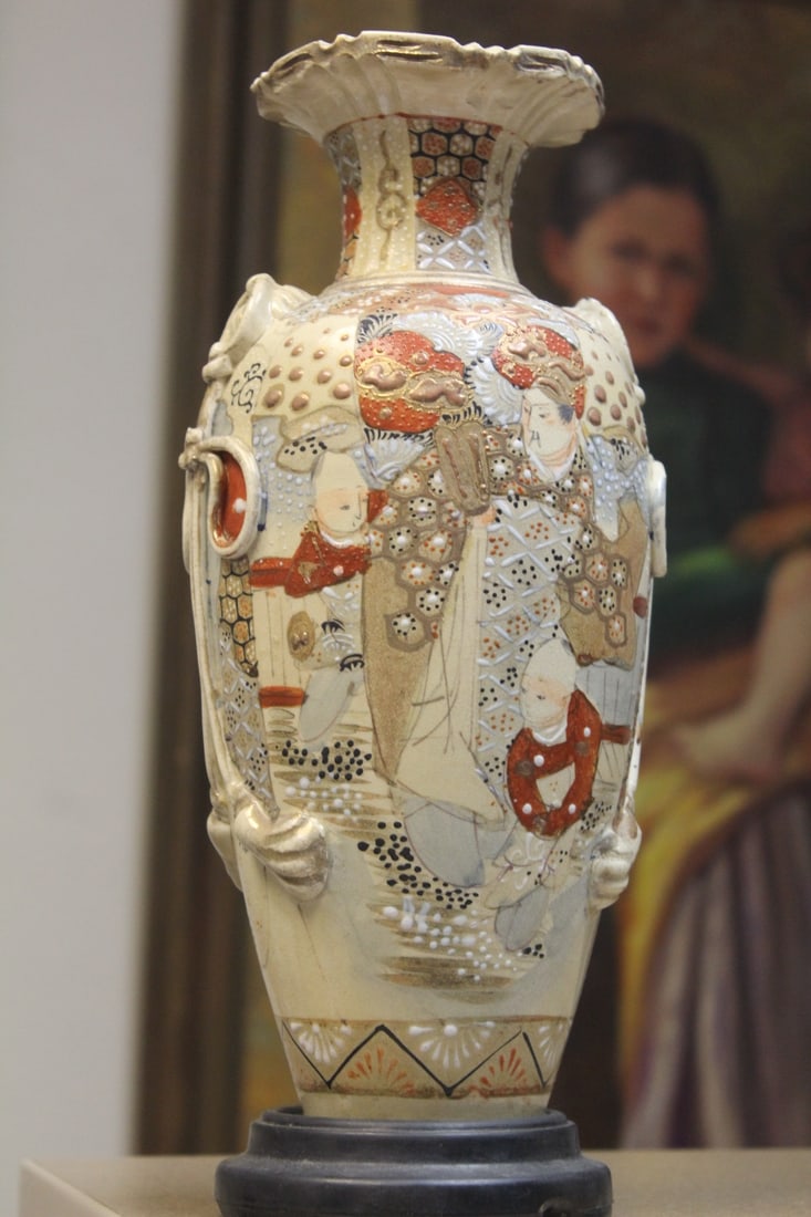 Antique/Vintage Japanese Satsuma Vase: please note= vase glues to stand - overall= 13 1/4" tall