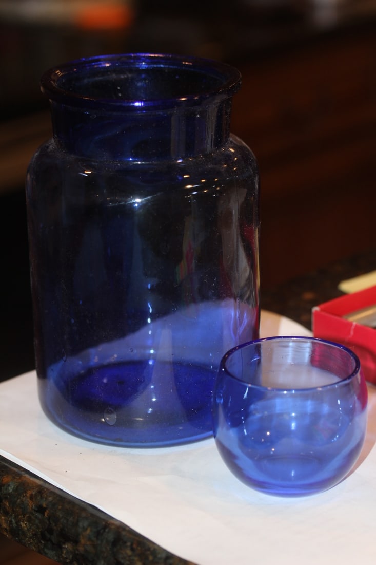 Lot of 2 Cobalt Blue Articles: jar and a cup - taller= 7 inches